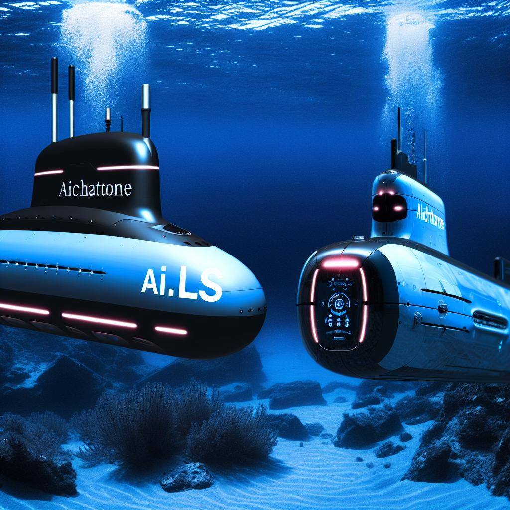 An underwater scene with two futuristic-looking chatbot submarines, one labeled Ai.ls and the other labeled Aichatone, facing off in a deep-sea competition.