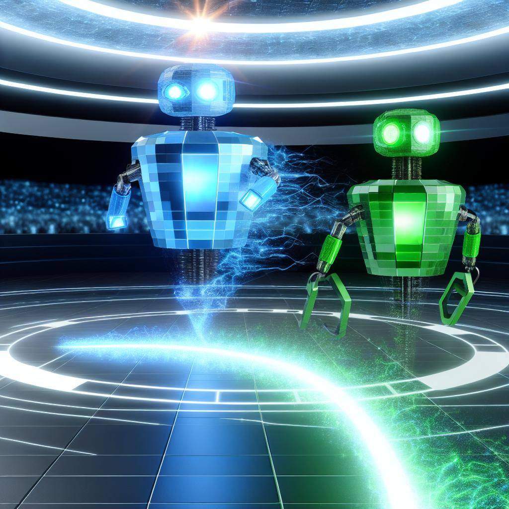 A futuristic arena with two advanced AI chatbots, AIChatOne and Chathub ai, facing off in a digital battle. The stage is set for a competition to determine the leader in the multi-bot chat arena.