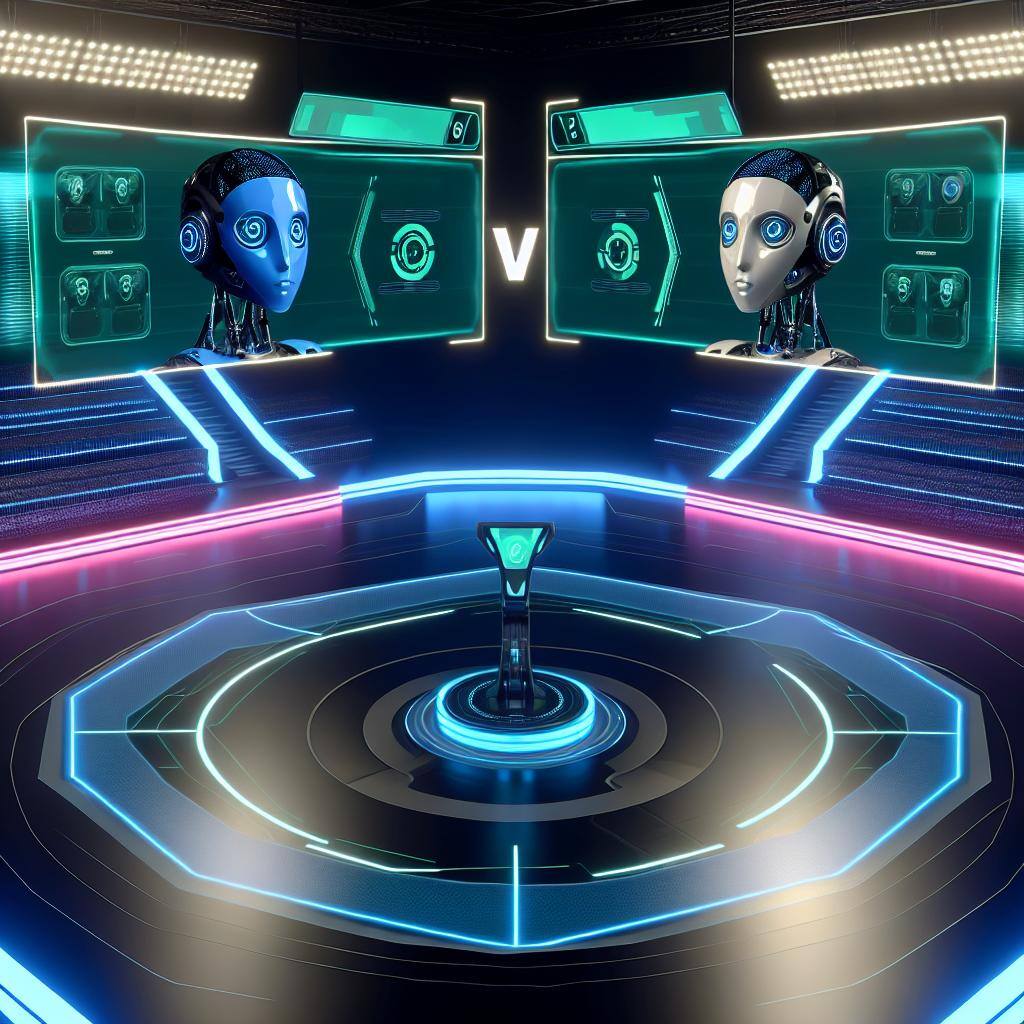 A futuristic digital arena with two advanced AI Chat tools, AIChatOne and AI.ls, facing off in a high-stakes showdown. The sleek and advanced technology of both tools is on display as they prepare to compete.