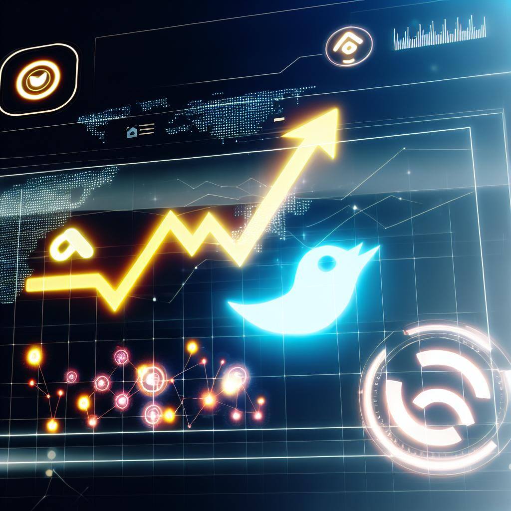 A futuristic digital interface showing a graph with a sharp upward trend, Twitter logo, and glowing AI symbols.