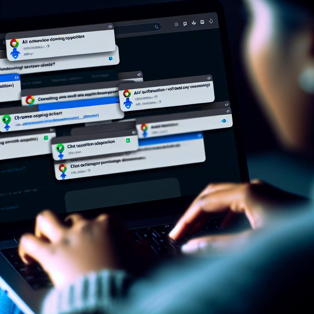 A person using a laptop with multiple AI chat chrome extensions open on their browser, assisting with browsing and content creation tasks.