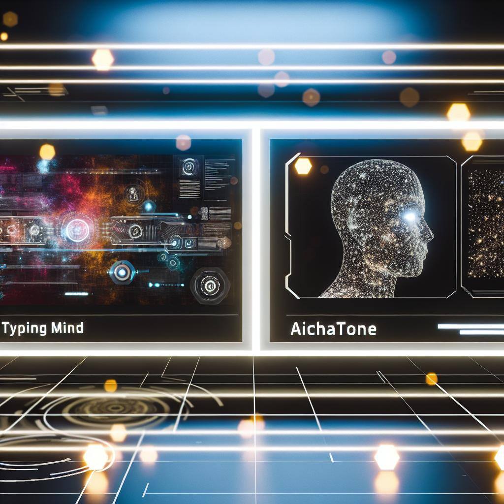 A vibrant and futuristic digital interface displaying side-by-side comparisons of TypingMind and AIChatOne, showcasing various interactive features and capabilities.